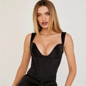 HOUSE OF CB Liberty Black Plunge-Neck Satin Corset Top - Size Large